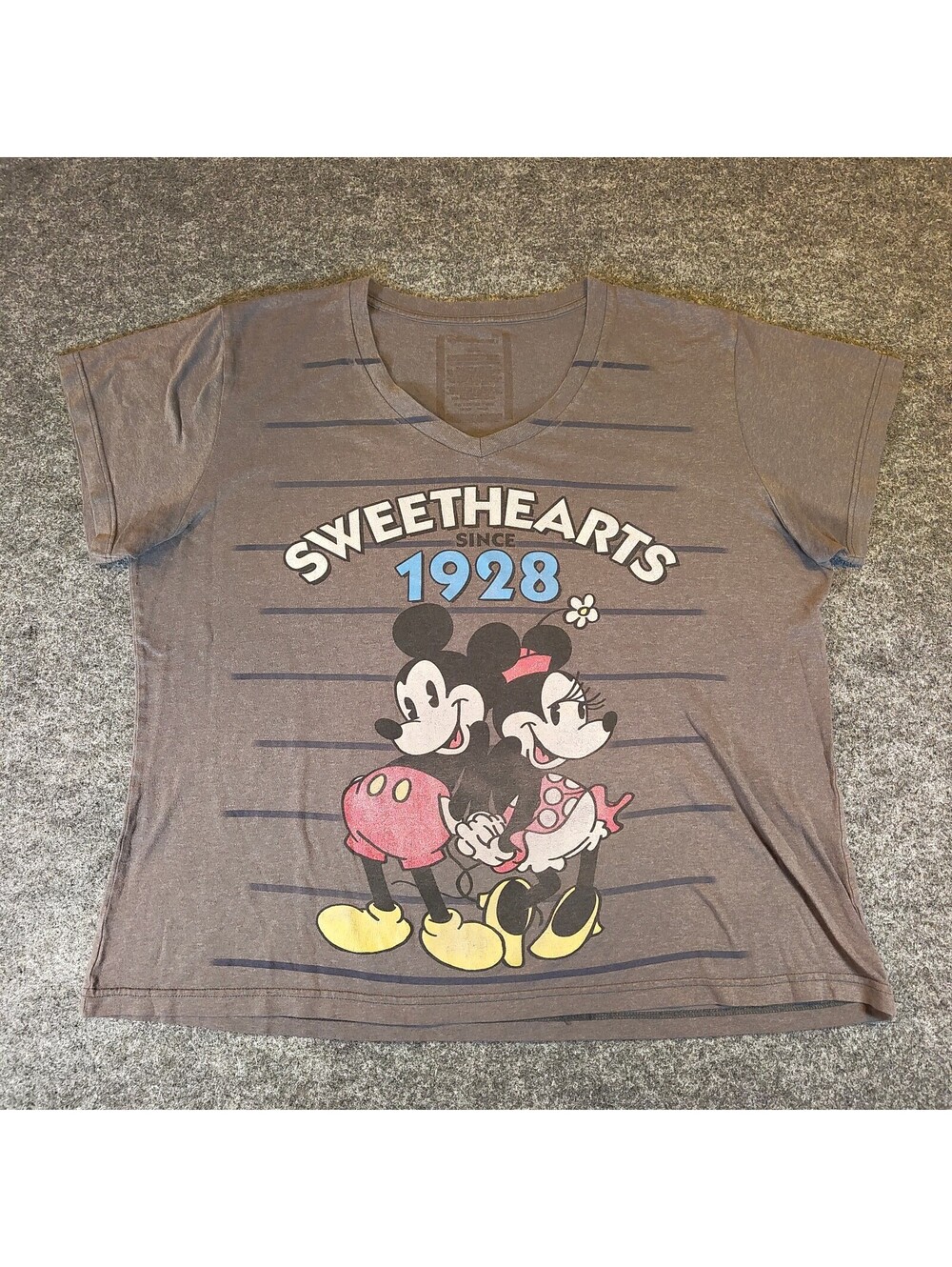 Disney Mickey & Minnie Mouse Sweethearts Since 1928 Gray V-Neck T-Shirt Women's